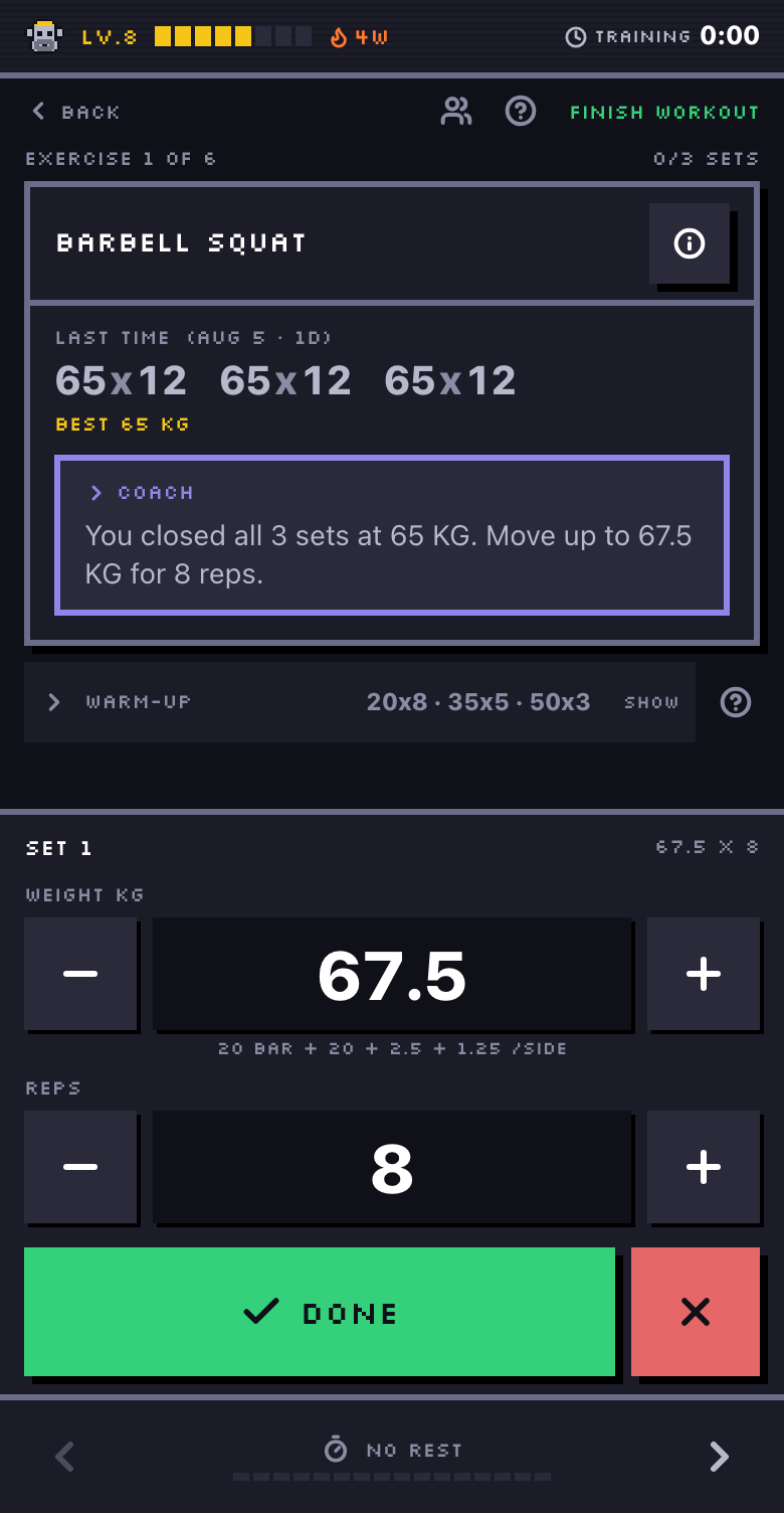 The monkigym session screen: an exercise card showing every set logged last time, the weight to load today with its plate breakdown, the coach explaining the jump, and the two big steppers under it.